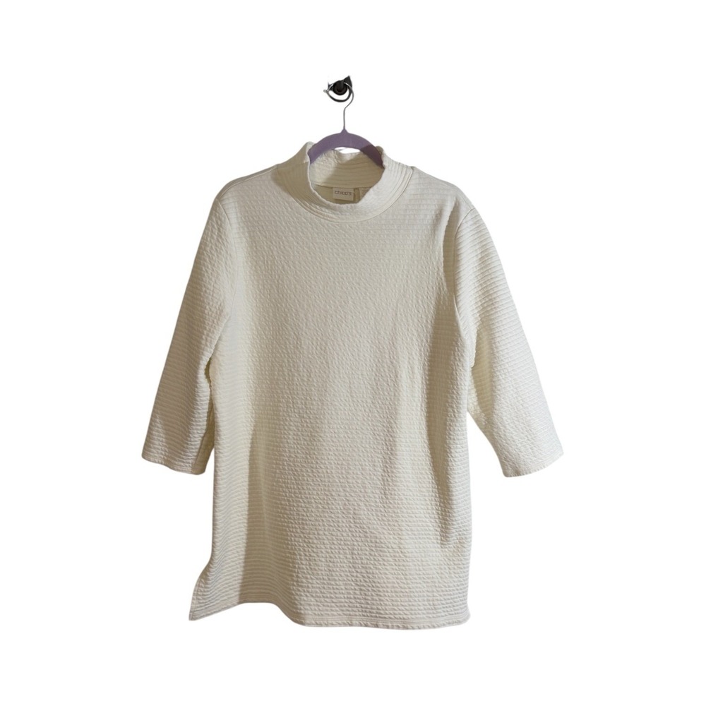 Chico's Mock Neck Top White 3 XL Women Textured 3/4 Sleeve Knit Pullover